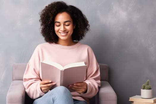 beautiful african american woman relaxing over a cup of tea and book. AI Generated