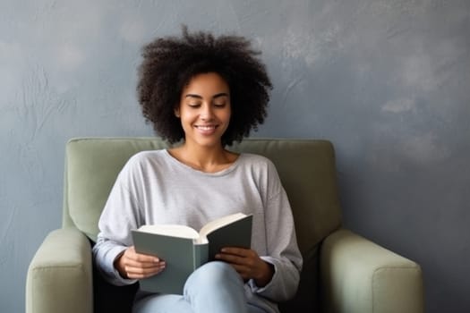 beautiful african american woman relaxing over a cup of tea and book. AI Generated