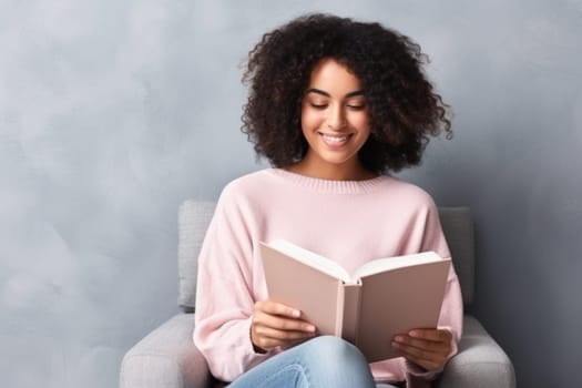 beautiful african american woman relaxing over a cup of tea and book. AI Generated