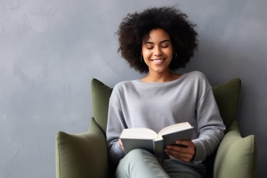 beautiful african american woman relaxing over a cup of tea and book. AI Generated