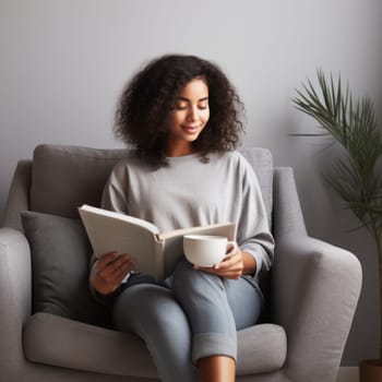 beautiful african american woman relaxing over a cup of tea and book. AI Generated