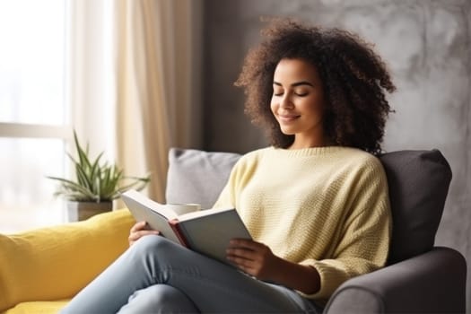 beautiful african american woman relaxing over a cup of tea and book. AI Generated