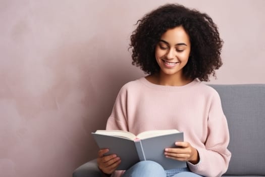 beautiful african american woman relaxing over a cup of tea and book. AI Generated