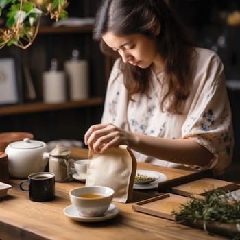 beautiful young woman packing tea to paper bag. AI Generated