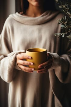 unrecognizable beautiful young woman relaxing over a cup of tea. AI Generated