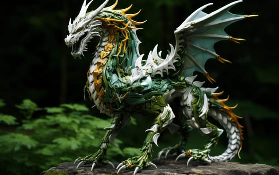 Toy dragon in hyperrealism style. Huge reptile with scales, green dragon in a fairy green forest, symbol of the year 2024. AI