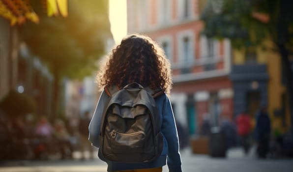 Back View of Girl with School Bag, Backpack Going Home From School Alone in City, Street. Student with Curly Hair Wears Denim. Education, Adolescence. Horizontal Plane. AI Generated High quality photo