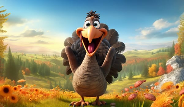 Happy Turkey Bird Walking in Green Yellow Meadow. Happy Thanksgiving Day Celebration. Greetings Card, Poster. AI generated. High quality illustration