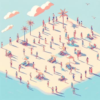 people having fun in the beach, isometric view, sea waves, 3d illustration generative ai art