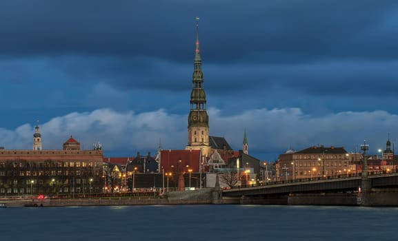 view of Old Riga across the Daugava River, view of St. Peter's Church and Town Hall Square