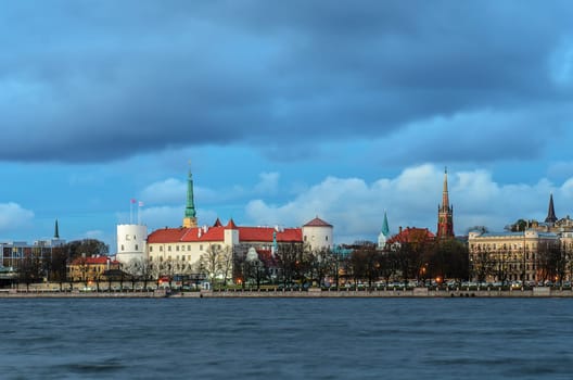 view of Old Riga across the Daugava River, view of Riga Castle - residence of the President of Latvia
