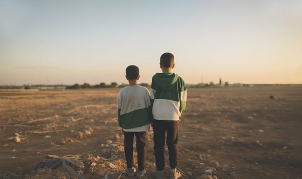 Back View of Two Hungry Boys in Dirty Clothes Standing Lonely in Empty Field, Destroyed City on Background. War, Poverty, Street Children . Horizontal Ai Generated. High quality photo