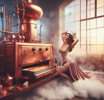 glamourous chef in steampunk kitchen with windiwn natural light cooking posing dancing singing illustration generative ai art