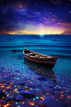 A magical silhouette of a boat cuts across the sparkle of starlit water - AI generative