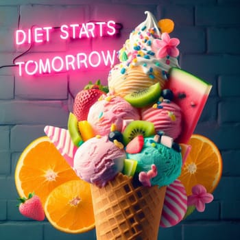 a cone full of fresh icecream gelato and big pieces of tropical fruits isolated gradient background generative ai art