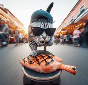 funny cat thieve wear cap and sunglass escape on skateboard from market with stolen grilled salmon ai art generated