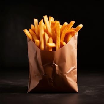 Appetizing fresh portion of French fries in a paper bag on black background. Fast food is delicious but unhealthy, cheat meal. AI