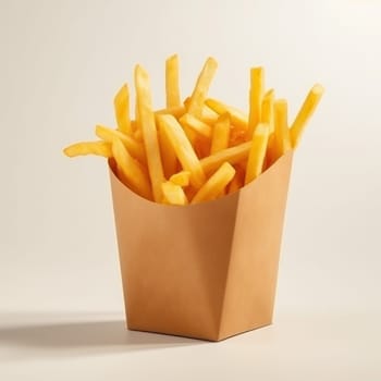 Appetizing fresh portion of French fries in a paper bag on beige background. Fast food is delicious but unhealthy, cheat meal. AI