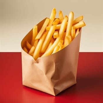 Appetizing fresh portion of French fries in a paper bag on red table. Fast food is delicious but unhealthy, cheat meal. AI