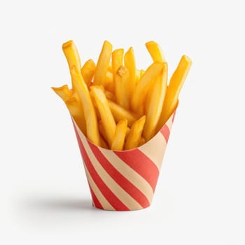 Appetizing fresh portion of French fries in a paper bag on a white background. Fast food is delicious but unhealthy, cheat meal. AI