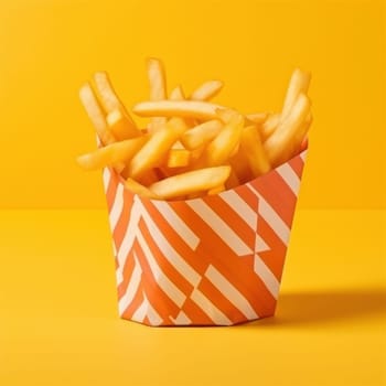 Appetizing fresh portion of French fries in a paper bag on yellow background. Fast food is delicious but unhealthy, cheat meal. AI