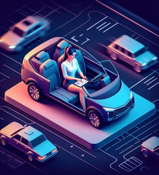 business woman working from autonomous driving ev car traveling fast in city traffic generative ai art