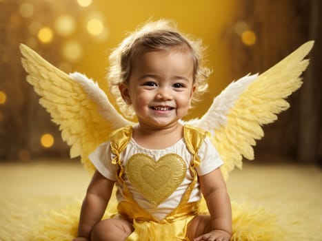Happy smiling baby cupid in an angel costume with wings, bow and arrows in the shape of a heart, highlighted on a yellow background