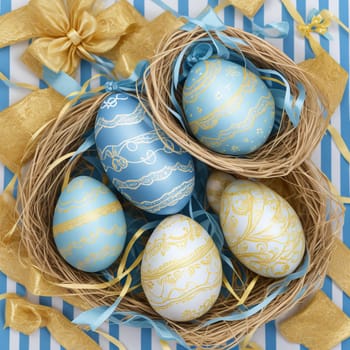 easter eggs in fashionable classic blue and gold colors, decorated with a striped pattern on a blue background,Easter greeting card