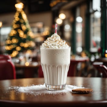 image of a beautiful glass with a white milkshake on the Christmas table