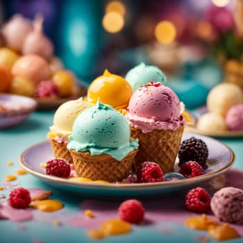 colorful ice cream in a beautiful plate with strawberries, blackberries and mango slices on a bright colored Christmas background cafe with garlands and lights