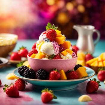 colorful ice cream in a beautiful plate with strawberries, blackberries and mango slices on a bright colored Christmas background cafe with garlands and lights