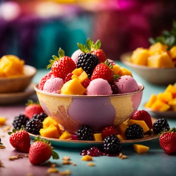 colorful ice cream in a beautiful plate with strawberries, blackberries and mango slices on a bright colored Christmas background cafe with garlands and lights