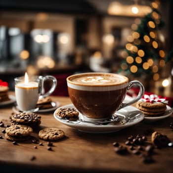 a beautiful cup of coffee on the Christmas table with cookies and sweets on the background of the cafe