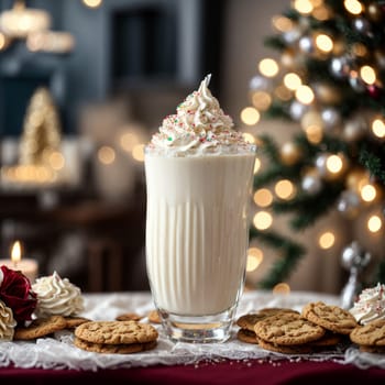 the image of a beautiful glass with a white milkshake on the Christmas table with cookies and sweets on it