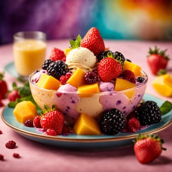 colorful ice cream in a beautiful plate with strawberries, blackberries and mango slices on a bright colored Christmas background cafe with garlands and lights