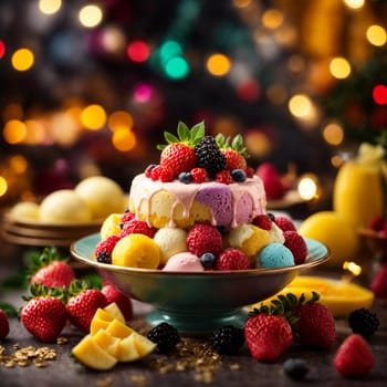 colorful ice cream in a beautiful plate with strawberries, blackberries and mango slices on a bright colored Christmas background cafe with garlands and lights