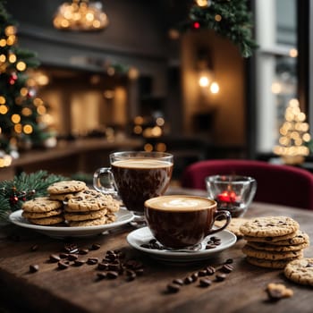 a beautiful cup of coffee on the Christmas table with cookies and sweets on the background of the cafe