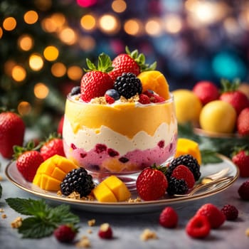 colorful ice cream in a beautiful plate with strawberries, blackberries and mango slices on a bright colored Christmas background cafe with garlands and lights