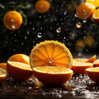 bright orange slices of orange in raindrops on a black background with bright rays of the sun