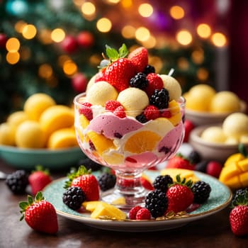 colorful ice cream in a beautiful plate with strawberries, blackberries and mango slices on a bright colored Christmas background cafe with garlands and lights