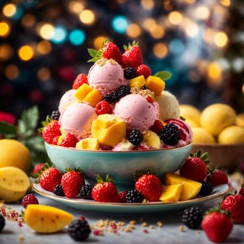 colorful ice cream in a beautiful plate with strawberries, blackberries and mango slices on a bright colored Christmas background cafe with garlands and lights