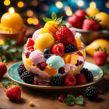 colorful ice cream in a beautiful plate with strawberries, blackberries and mango slices on a bright colored Christmas background cafe with garlands and lights