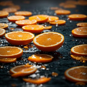 bright orange slices of orange in raindrops on a black background with bright rays of the sun