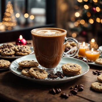 a beautiful cup of coffee on the Christmas table with cookies and sweets on the background of the cafe