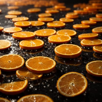 bright orange slices of orange in raindrops on a black background with bright rays of the sun