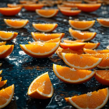 bright orange slices of orange in raindrops on a black background with bright rays of the sun