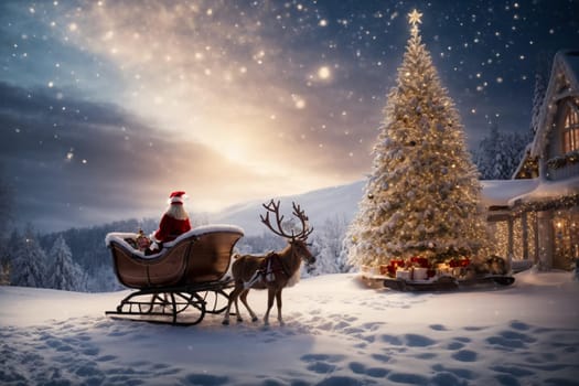 A Christmas tree decorated with twinkling lights. Santa Claus with sleigh and reindeer sets off, stars and Christmas decorations create a warm and charming atmosphere that conveys all the magic of Christmas.