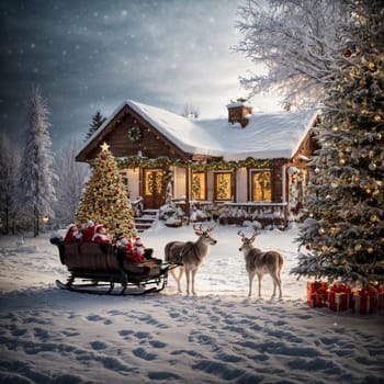 A Christmas tree decorated with twinkling lights. Santa Claus with sleigh and reindeer sets off, stars and Christmas decorations create a warm and charming atmosphere that conveys all the magic of Christmas.