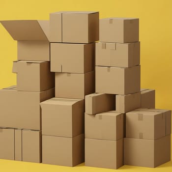 a stack of cardboard boxes for packing goods is highlighted on a yellow background