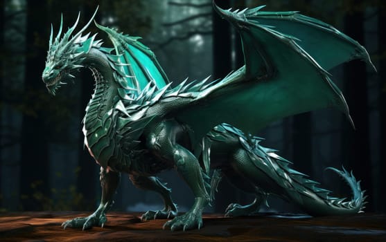 Plastic toy Fantasy dragon in hyperrealism style. Huge reptile with scales, green dragon in a fairy green forest, symbol of the year 2024. AI